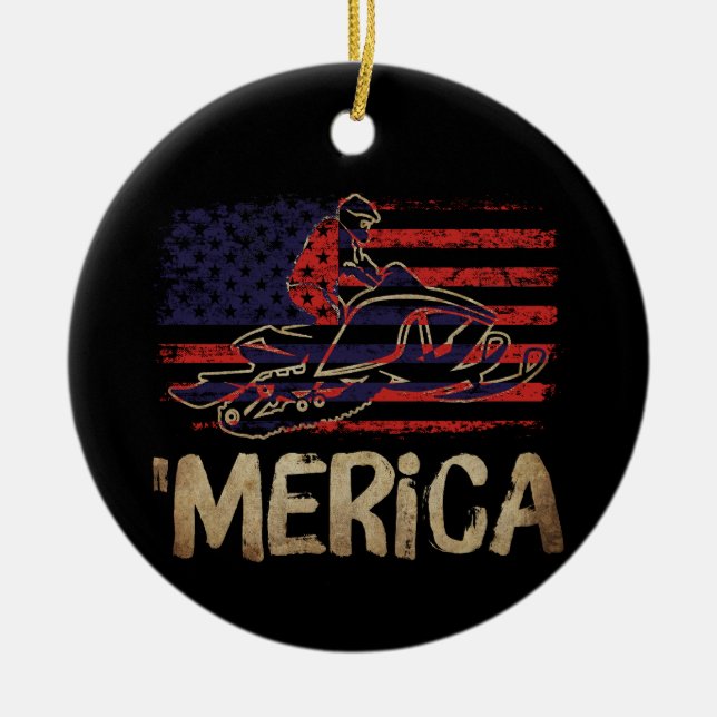 American Flag Snowmobile Winter Snowmobiling Ceramic Ornament (Front)