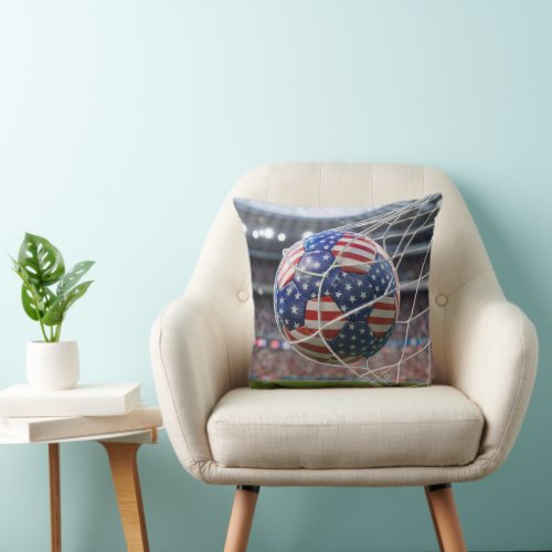 American Flag Soccer Ball in the Net Throw Pillow