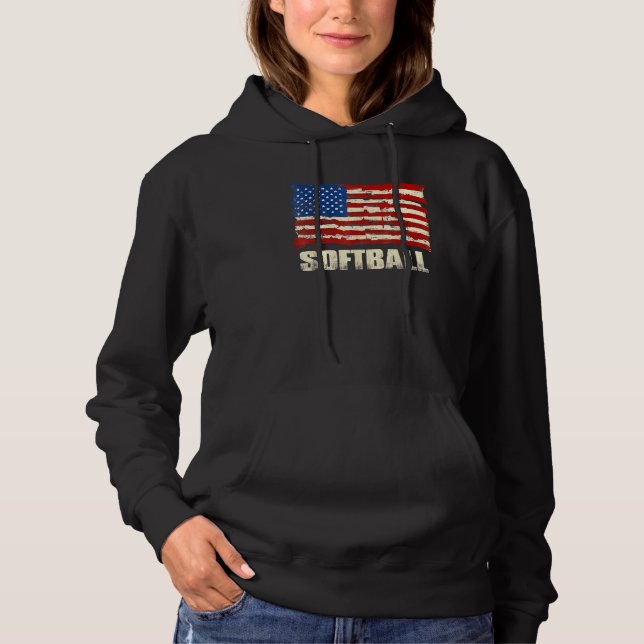 American Flag Softball Patriotic US Softball Gifts Hoodie (Front)