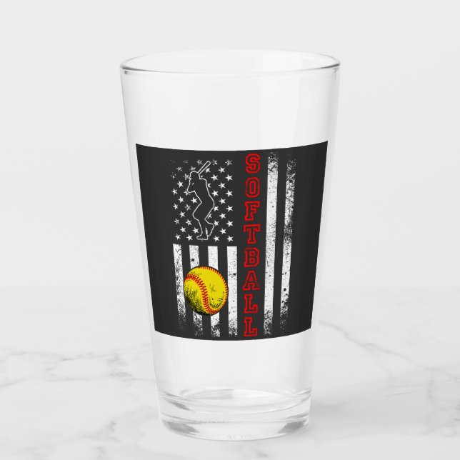 American Flag Softball Team Vintage Funny Drinking Glass (Front)