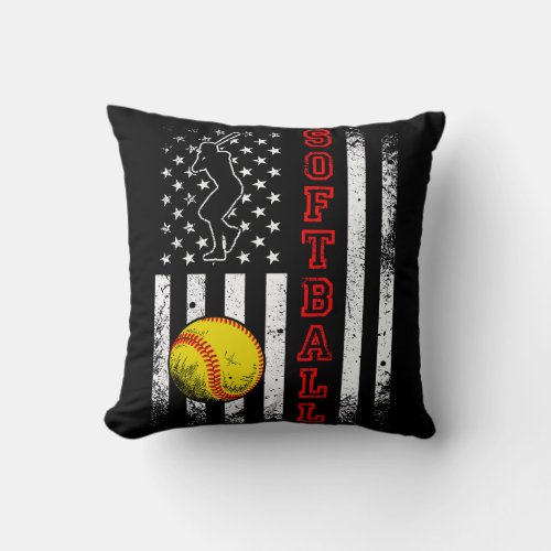 American Flag Softball Team Vintage Funny Throw Pillow