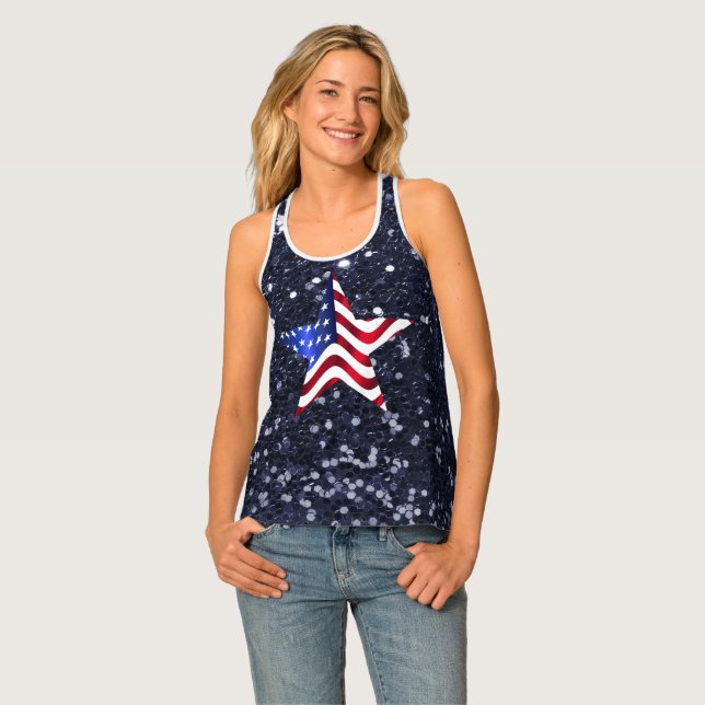 American Flag Star Navy Faux Glitter Tank Top (Front Full)