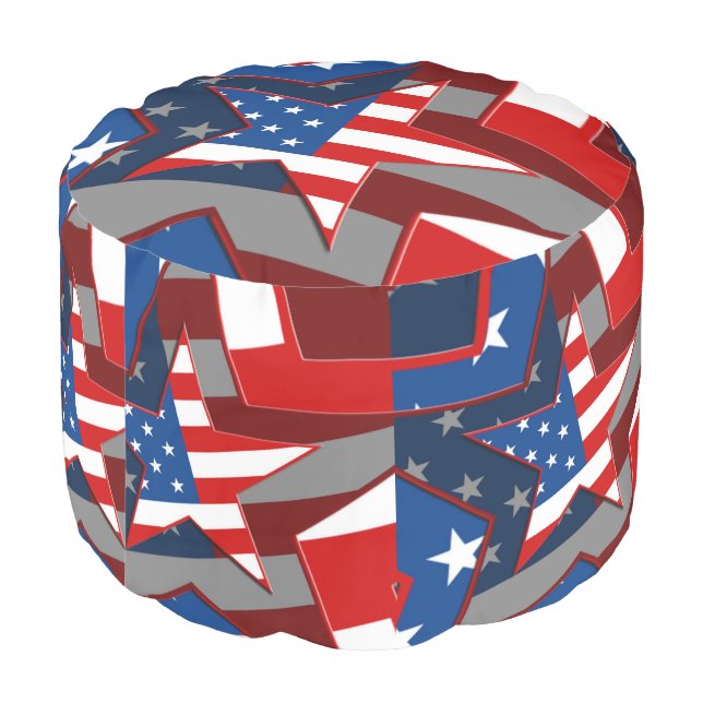 American Flag Star Pattern Polyester Round Pouf (Angled Back)