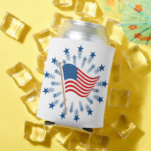 American Flag Starburst Fireworks 4th of July Can Cooler