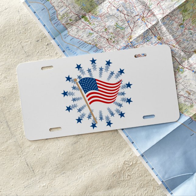 American Flag Starburst Fireworks 4th of July License Plate (In Situ)