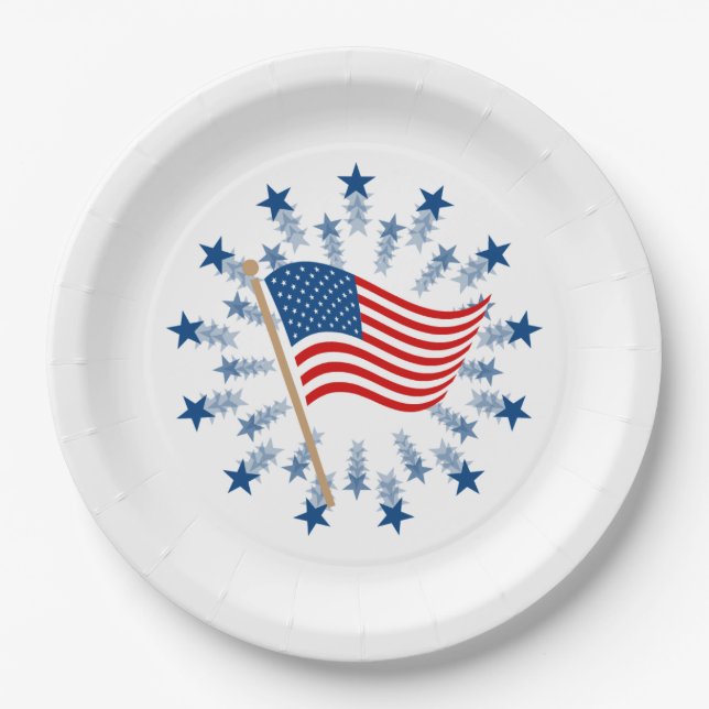 American Flag Starburst Fireworks 4th of July Paper Plates (Front)