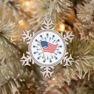 American Flag Starburst Fireworks 4th of July Snowflake Pewter Christmas Ornament