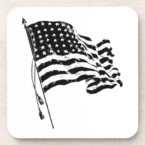 American Flag Stars and Stripes in black  white Drink Coaster