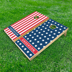 American Flag Stars Red White Blue Name Cornhole Set