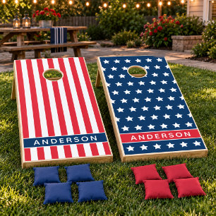 American Flag Stars Red White Blue Name Cornhole Set