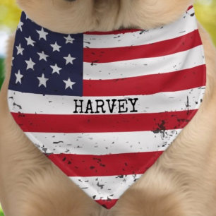 American Flag Stars Stripes Distressed Dog Name Pet Bandana Collar