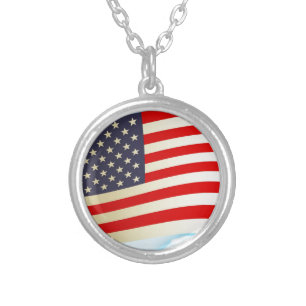 American Flag Stars Stripes Honor Freedom Troops Silver Plated Necklace
