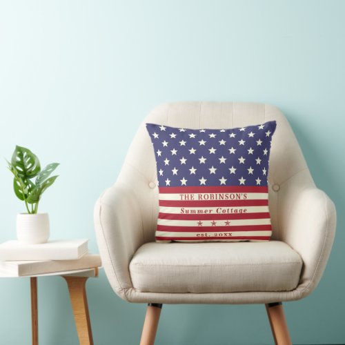 American Flag Stars  Stripes  Summer Family Name Throw Pillow