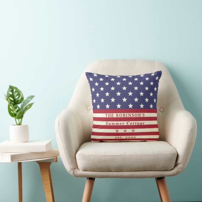 American Flag Stars & Stripes | Summer Family Name Throw Pillow (Chair)