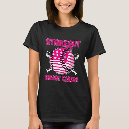 American Flag Strikeout Breast Cancer Baseball  T_Shirt