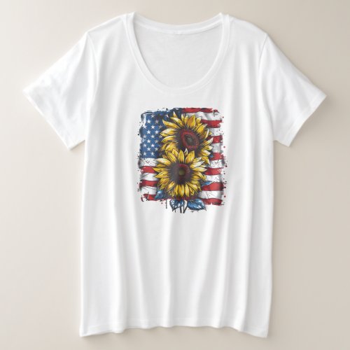 American Flag Sunflower 4th July Plus Size T_Shirt
