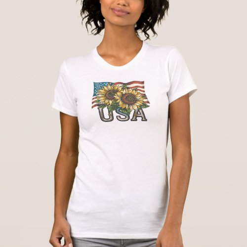 American Flag Sunflower 4th July T_Shirt