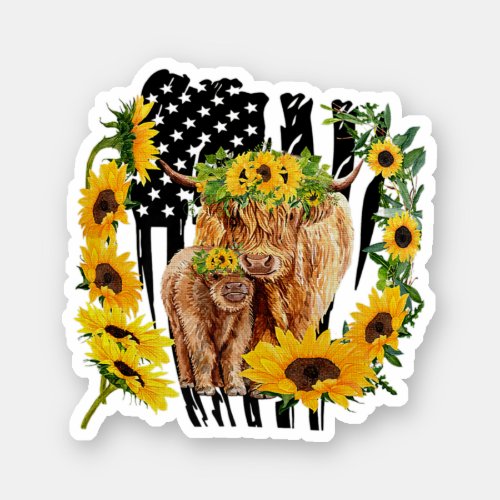 American Flag Sunflower Baby And Mother Highland C Sticker