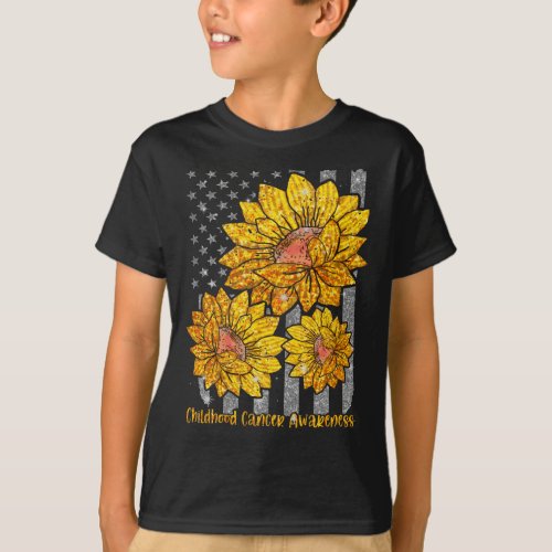 American Flag Sunflower Childhood Cancer Awareness T_Shirt