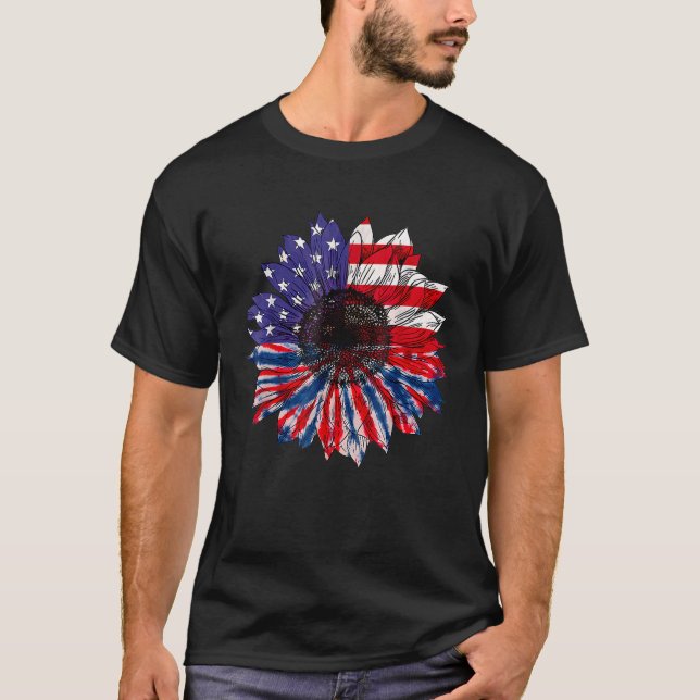 American Flag Sunflower Red White Blue 4th Of July T-Shirt (Front)