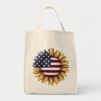 American Flag Sunflower Tote Bag