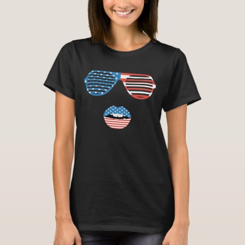 American Flag Sunglasses Lips 4th of july T_Shirt