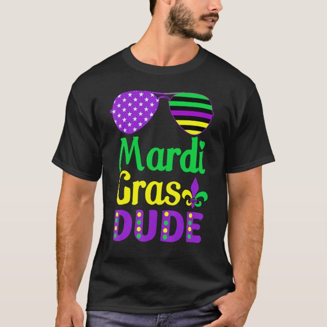 American Flag Sunglasses Mardi Gras Dude T-Shirt (Front)