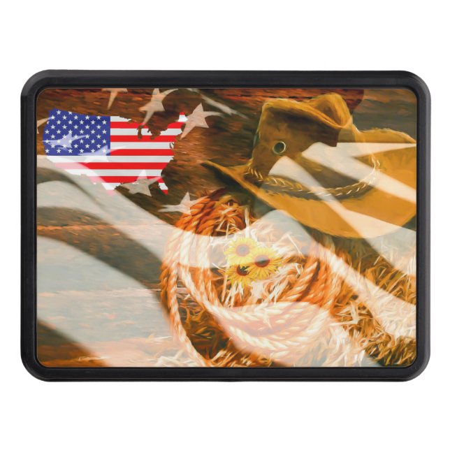 American Flag Sunrays Cowboy Hat Lasso Hitch Cover (Front)