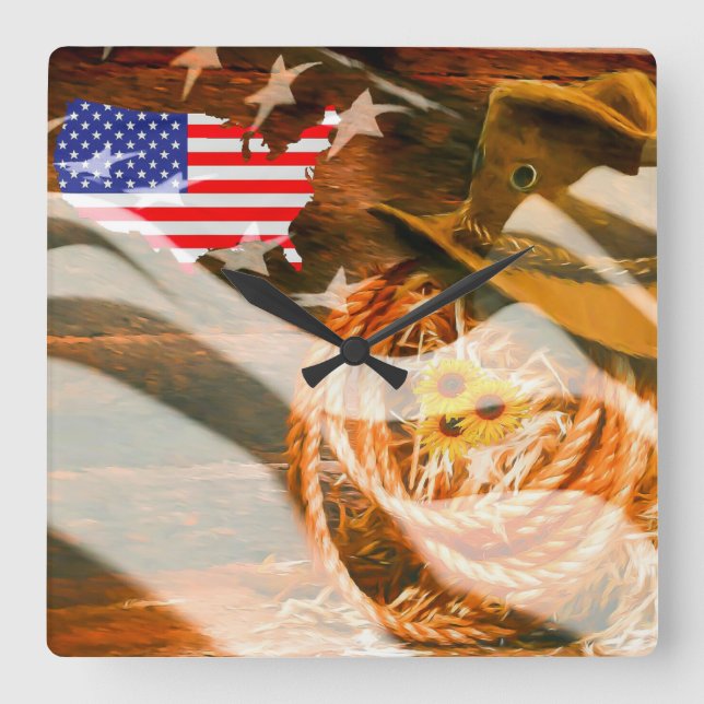 American Flag Sunrays Cowboy Hat Lasso Square Wall Clock (Front)