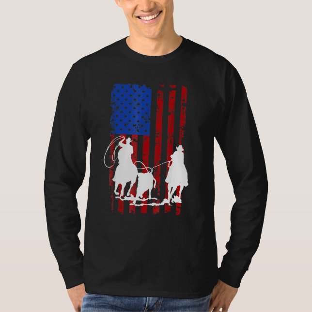 American Flag Team Roping Horse 4th Of July Patrio T-Shirt (Front)