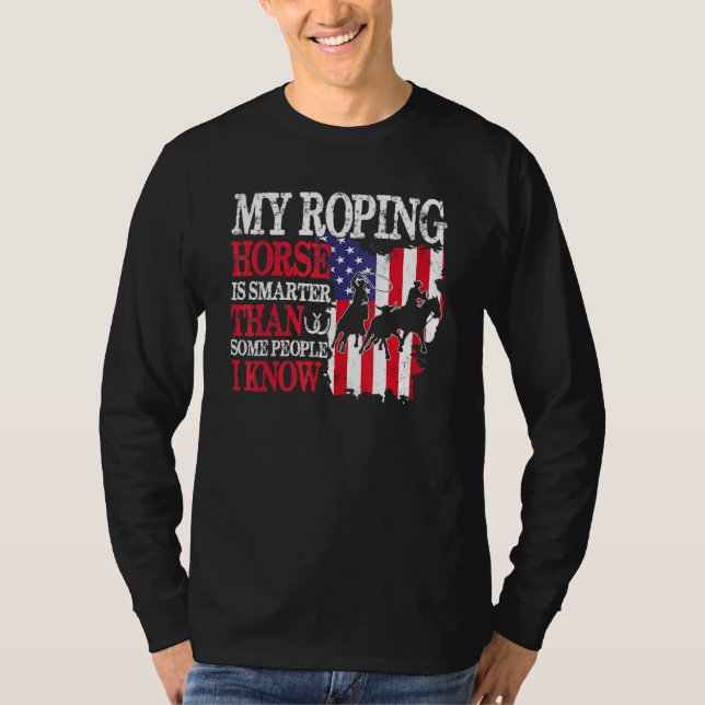 American Flag Team Roping Horse 4th Of July Patrio T-Shirt (Front)