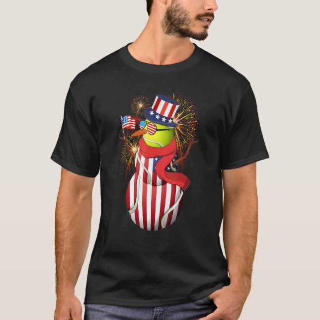 American Flag Tennis Balls Snowman With Fireworks  T-Shirt (Front)
