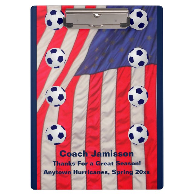 American Flag, Thank You Soccer Team Coach Red  Clipboard (Front)