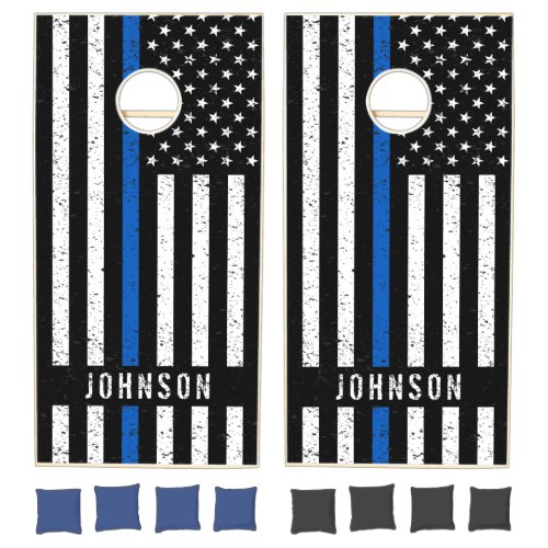 American Flag Thin Blue Line Distressed Name Cornhole Set