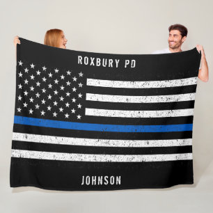 American Flag Thin Blue Line Distressed Name Fleece Blanket