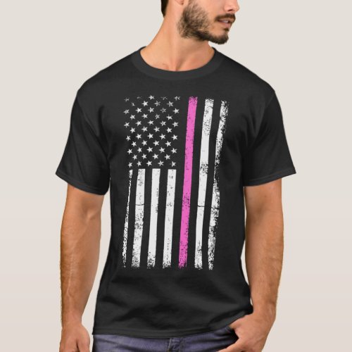 American Flag Thin Blue Line Pink Cancer T_Shirt