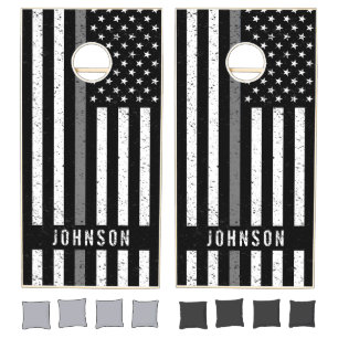 American Flag Thin Gray Line Distressed Name Cornhole Set