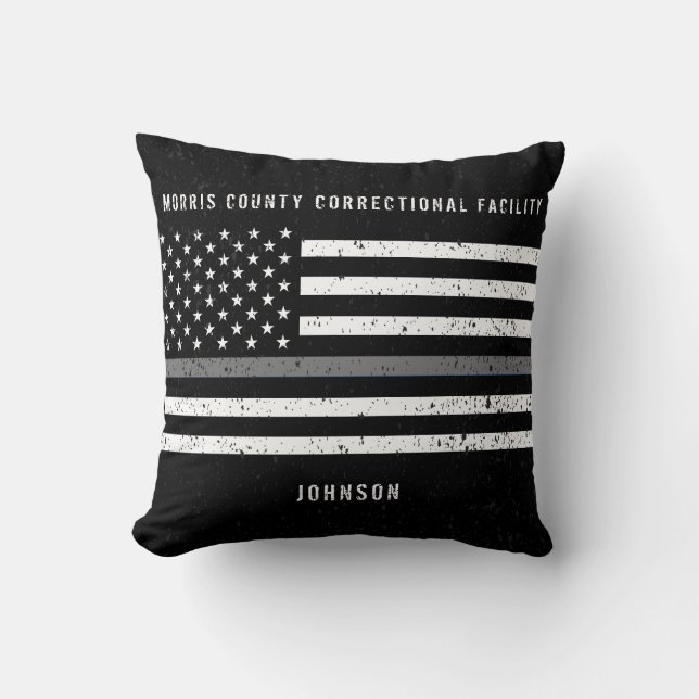 American Flag Thin Gray Line Distressed Name Throw Pillow (Front)