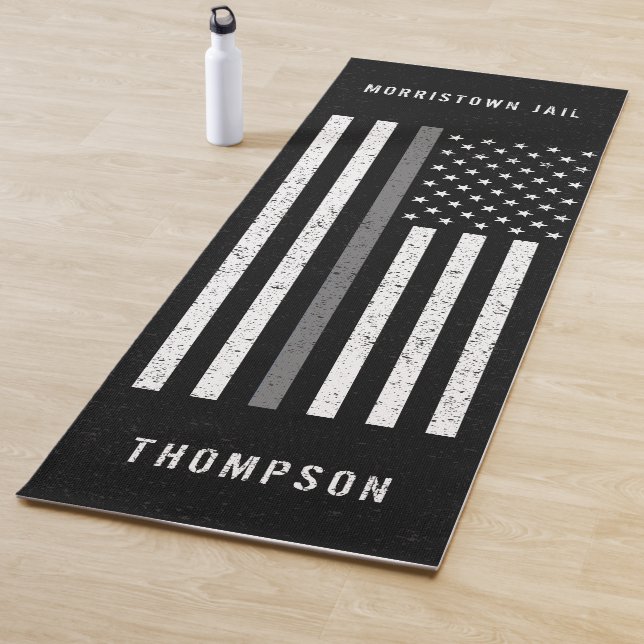 American Flag Thin Gray Line Distressed Name Yoga Mat (In Situ)