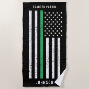 American Flag Thin Green Line Distressed Name Beach Towel