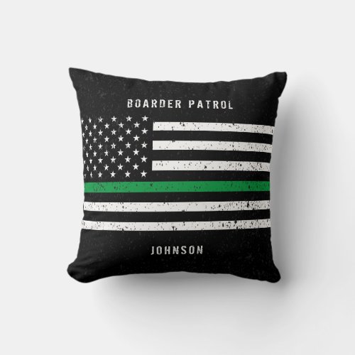 American Flag Thin Green Line Distressed Name Throw Pillow