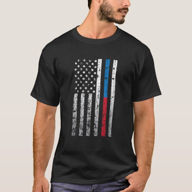 American Flag Thin Red Blue Line Law Firefighter P T-Shirt (Front)