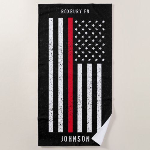 American Flag Thin Red Line Distressed Name Beach Towel