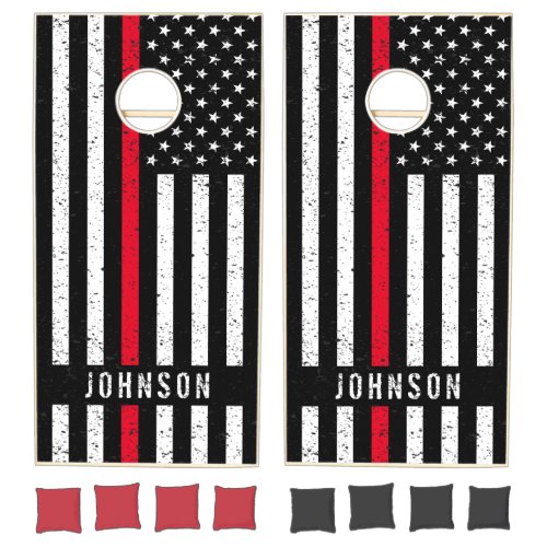 American Flag Thin Red Line Distressed Name Cornhole Set