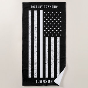 American Flag Thin White Line Distressed Name Beach Towel