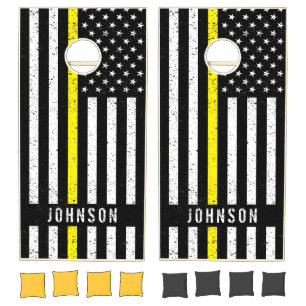 American Flag Thin Yellow Line Distressed Name Cornhole Set