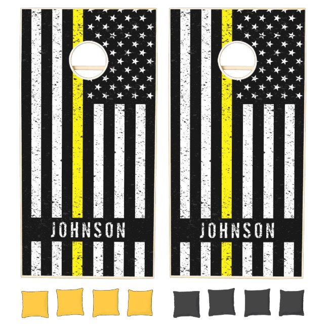 American Flag Thin Yellow Line Distressed Name Cornhole Set (Set)