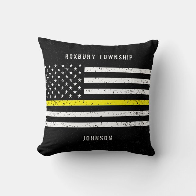 American Flag Thin Yellow Line Distressed Name Throw Pillow (Front)