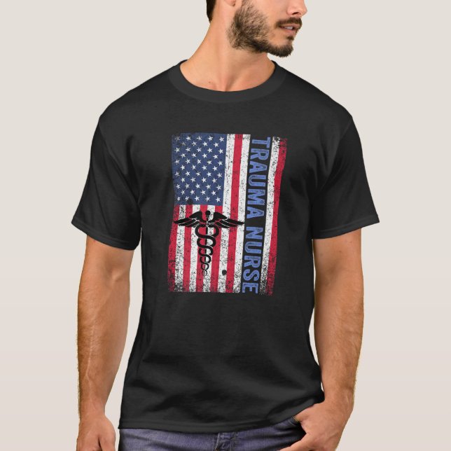 American Flag Trauma Nurses RN ER Nursing Gift Jul T-Shirt (Front)