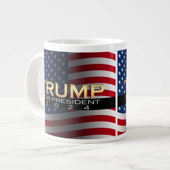 American Flag Trump 2024 Gold Patriotic Giant Coffee Mug (Front Left)
